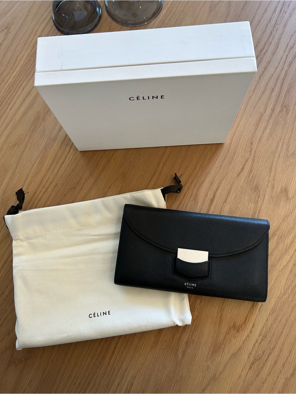 Celine Trotteur Black Grained Leather Large Flap Wallet Box Dust Bag